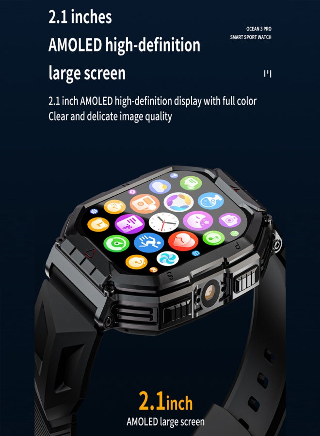 لقمات سوار OCEAN 3 PRO الذكي الرياضي، شاشة AMOLED تعمل باللمس بالكامل مقاس 2.1 بوصة، متتبع لياقة بدنية، مقاوم للماء بمعيار IP68، مزود بمصباح يدوي، اتصال بلوتوث، مراقب نسبة الأكسجين في الدم/النوم/معدل ضربات القلب/ضغط الدم، متعدد الاستخدامات الرياضية - Image 5