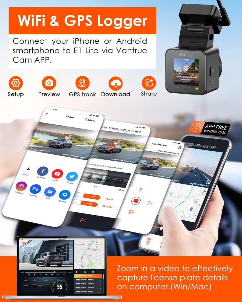 Vantrue E1 Lite 1080P WiFi Mini Dash Cam with GPS and Speed, Free App, Voice Control Detachable Dash Camera, 24 Hours Parking Mode, Night Vision, Motion Detection, Loop Recording, Support 512GB Max - Image 4