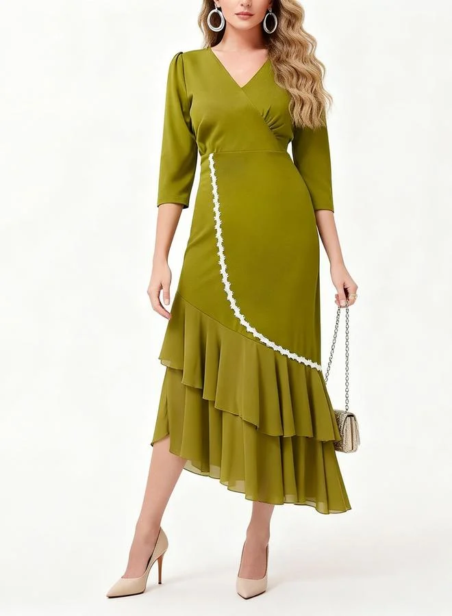 Take Two Green V-Neck Ruffle Hem Midi Dress