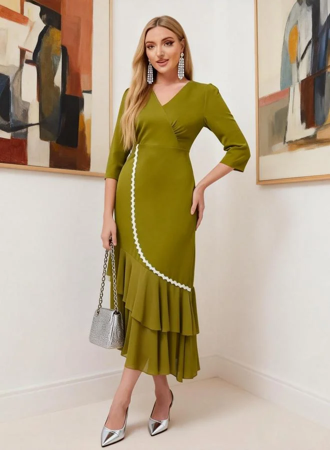 Take Two Green V-Neck Ruffle Hem Midi Dress