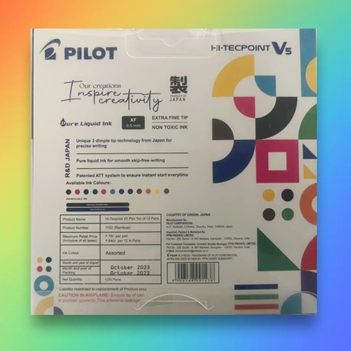 PILOT Hi-Tecpoint V5 Multicolour Set Roller Ball Pen (Pack of 12, Blue, Black, Red, Green, Orange, Yellow, Pink, Violet, Light Blue, Dark Red, Blue-Black, Lime Green) - Image 5