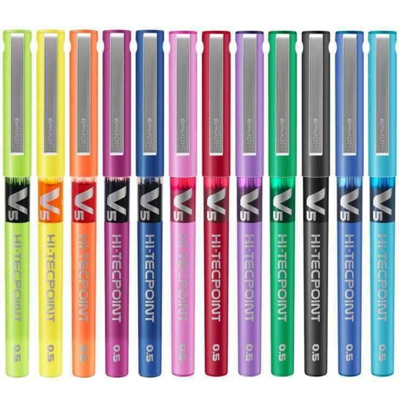 PILOT Hi-Tecpoint V5 Multicolour Set Roller Ball Pen (Pack of 12, Blue, Black, Red, Green, Orange, Yellow, Pink, Violet, Light Blue, Dark Red, Blue-Black, Lime Green) - Image 1