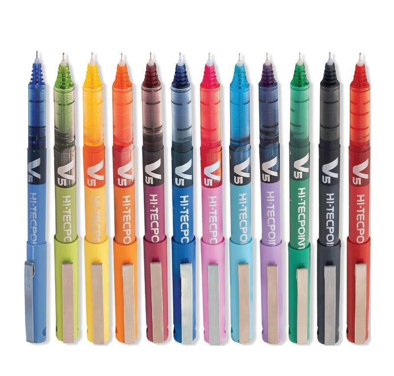PILOT Hi-Tecpoint V5 Multicolour Set Roller Ball Pen (Pack of 12, Blue, Black, Red, Green, Orange, Yellow, Pink, Violet, Light Blue, Dark Red, Blue-Black, Lime Green) - Image 3