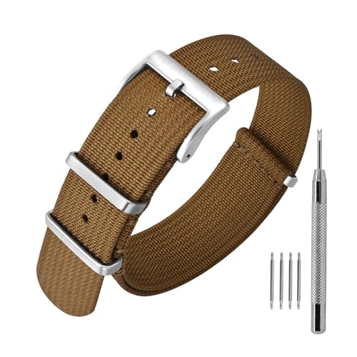 ANNEFIT Nylon Watch Band 20mm, One-Piece Waterproof Military Watch Straps with Heavy Silver Buckle (Brown) - Image 1