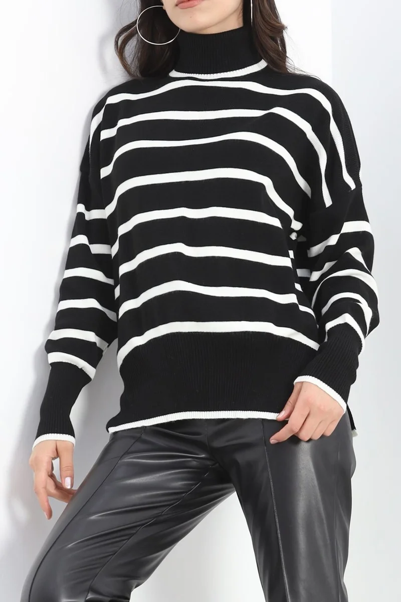 Hilal Giyim Turtleneck Striped Knitwear Blouse Blackbone - 12060.1577.