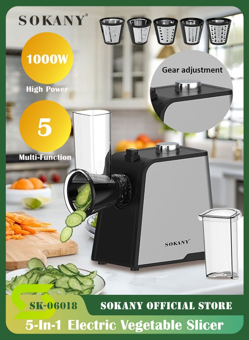 sokany 1000W 5in1 Professional Electric Slicer/Shredder, One-Touch Control Electric Cheese Grater with 5 Free Attachments, Cheese Grater Electric for Fruits and Vegetables, SK-06018(Black) - Image 1