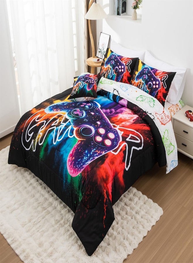 Aimuan Gamer Gaming Bedding Sets 3D Gamepad Comforter Sets for Boys Games Console Action Buttons Novelty Colorful Game Controller Modern Room Decor Home Quilt Set (Black-Purple, Twin 6PCS) - Image 2