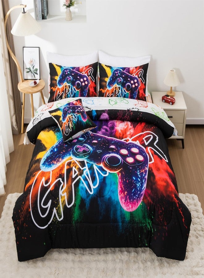 Aimuan Gamer Gaming Bedding Sets 3D Gamepad Comforter Sets for Boys Games Console Action Buttons Novelty Colorful Game Controller Modern Room Decor Home Quilt Set (Black-Purple, Twin 6PCS) - Image 1