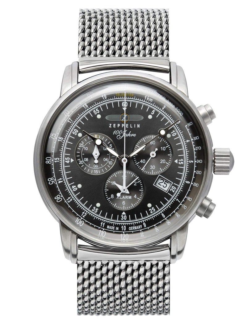 Zeppelin Stainless Steel Men'S Analogue Watch 100 Years Chronograph Alarm 7680, Black Dial, Einheitsgröße, Silver Strap. - Image 1