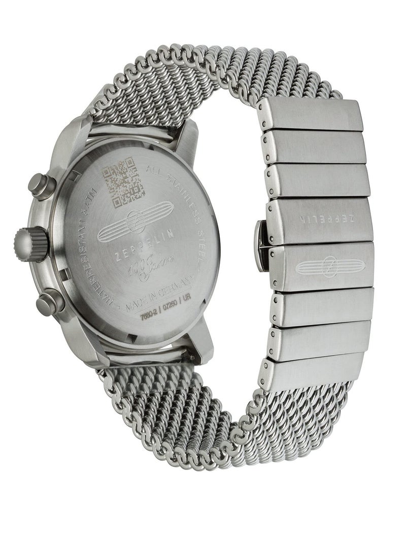 Zeppelin Stainless Steel Men'S Analogue Watch 100 Years Chronograph Alarm 7680, Black Dial, Einheitsgröße, Silver Strap. - Image 2