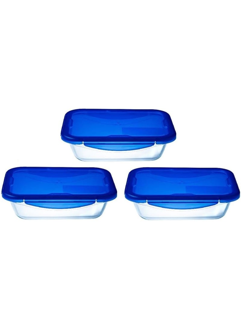 PYREX Cook & Go Set of 3 Rectangular Identical Lunchboxes 0.8 L Borosilicate Glass Oven, Microwave and Dishwasher Safe Made in France Blue 0.8Liters - Image 1