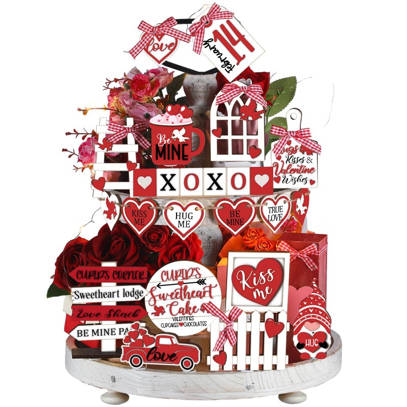 Ferraycle 24 Pcs Valentines Tiered Tray Decorations Farmhouse Gnome Heart Wooden Table Sign Rustic Tiered Tray Decorations for Home Decor