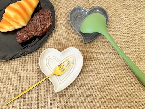 Rhobtyne Ceramic Spoon Rest for Stove Top, Heart Cute Spoon Rest for Kitchen Counter, Cooking Spoon Holder for Kitchen Counter, Utensil Rest Spatula Rest Ladle Holder Tong Rest (Retro White) - Image 2