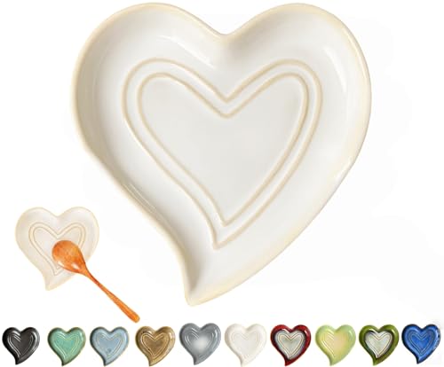 Rhobtyne Ceramic Spoon Rest for Stove Top, Heart Cute Spoon Rest for Kitchen Counter, Cooking Spoon Holder for Kitchen Counter, Utensil Rest Spatula Rest Ladle Holder Tong Rest (Retro White) - Image 1