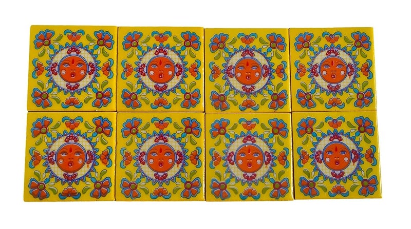 Shiv Kripa Blue Pottery Shiv Kripa Blue Pottery Home Decor Handmade Tabletop Interior Exterior Flooring Wall Kitchen Washroom Tile Floral Decorative Mosaic Wall Tiles 3 x 3 Inch Set of 8 Tiles Yellow Color 