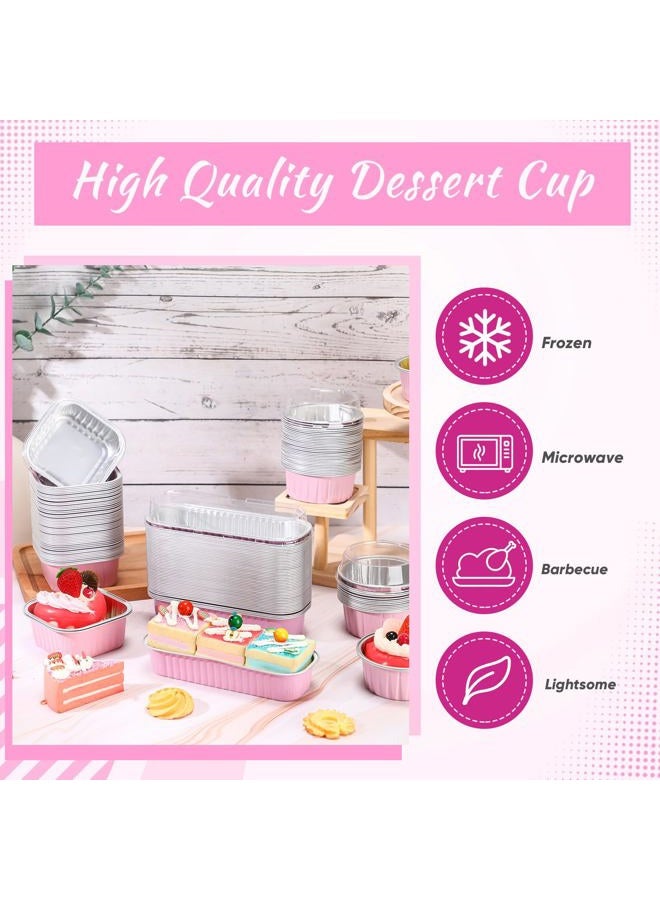 Rtteri 150 Pcs Mini Cake Pans with Lids Disposable Ramekins 6.8 oz 5 oz Aluminum Foil Cupcake Baking Cups, Rectangle Round Square Cupcake Liners Cake Tins for Flan Muffin Dessert Party Favors(Pink) - Image 3
