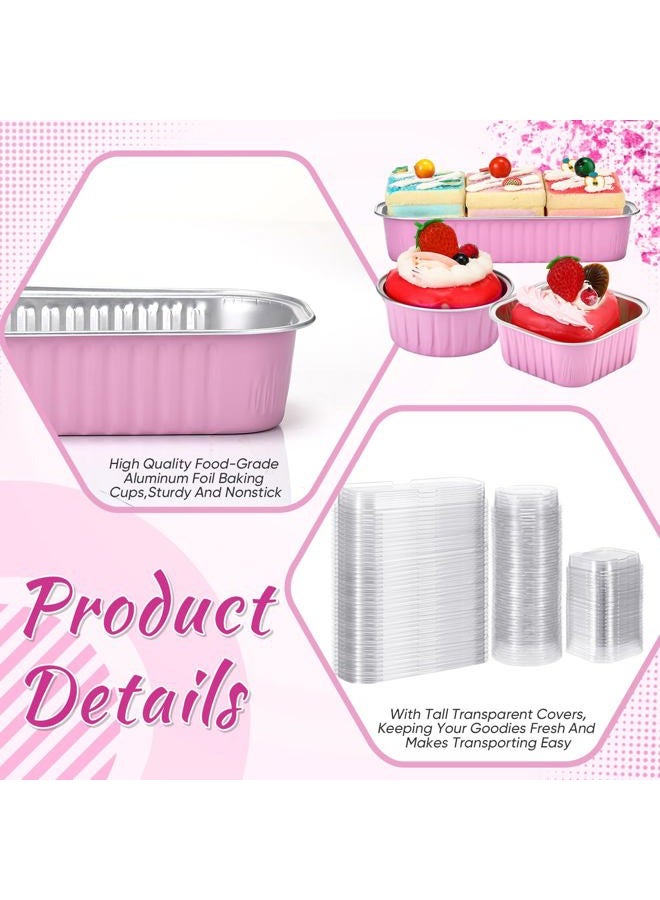Rtteri 150 Pcs Mini Cake Pans with Lids Disposable Ramekins 6.8 oz 5 oz Aluminum Foil Cupcake Baking Cups, Rectangle Round Square Cupcake Liners Cake Tins for Flan Muffin Dessert Party Favors(Pink) - Image 4