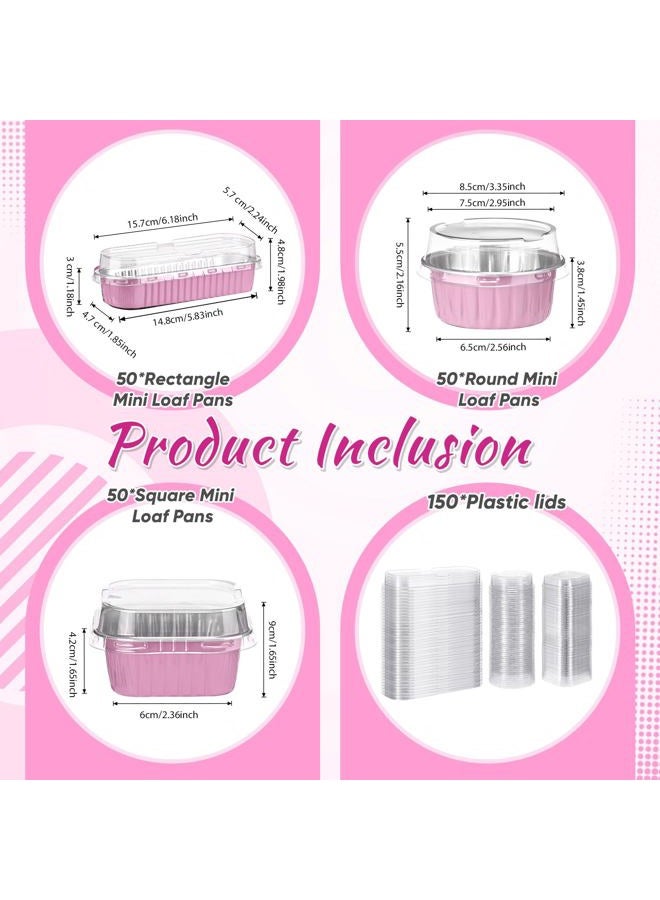 Rtteri 150 Pcs Mini Cake Pans with Lids Disposable Ramekins 6.8 oz 5 oz Aluminum Foil Cupcake Baking Cups, Rectangle Round Square Cupcake Liners Cake Tins for Flan Muffin Dessert Party Favors(Pink) - Image 2
