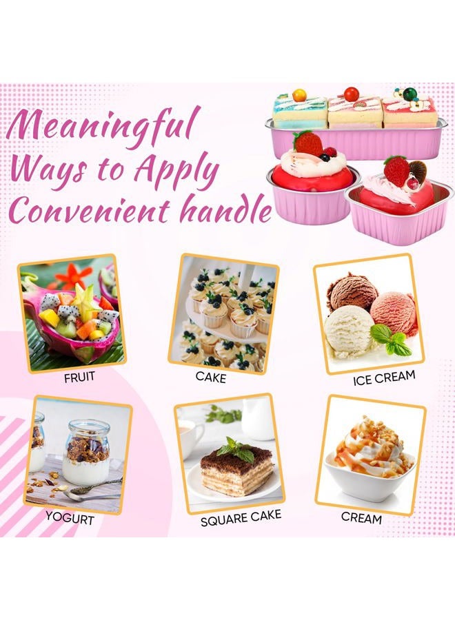 Rtteri 150 Pcs Mini Cake Pans with Lids Disposable Ramekins 6.8 oz 5 oz Aluminum Foil Cupcake Baking Cups, Rectangle Round Square Cupcake Liners Cake Tins for Flan Muffin Dessert Party Favors(Pink) - Image 5