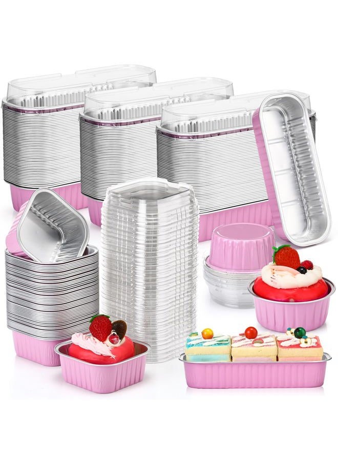 Rtteri 150 Pcs Mini Cake Pans with Lids Disposable Ramekins 6.8 oz 5 oz Aluminum Foil Cupcake Baking Cups, Rectangle Round Square Cupcake Liners Cake Tins for Flan Muffin Dessert Party Favors(Pink) - Image 1