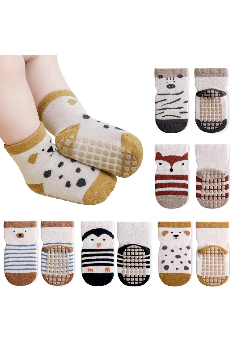 CMGTYYD Baby Socks 5 Pairs Boys Girls Non Slip Grip Socks Kids Cotton Cartoon Animal Toddler Sock with Grips , Size M - Image 1