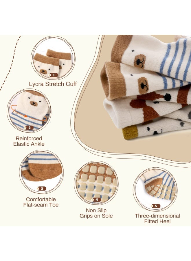 CMGTYYD Baby Socks 5 Pairs Boys Girls Non Slip Grip Socks Kids Cotton Cartoon Animal Toddler Sock with Grips , Size M - Image 3