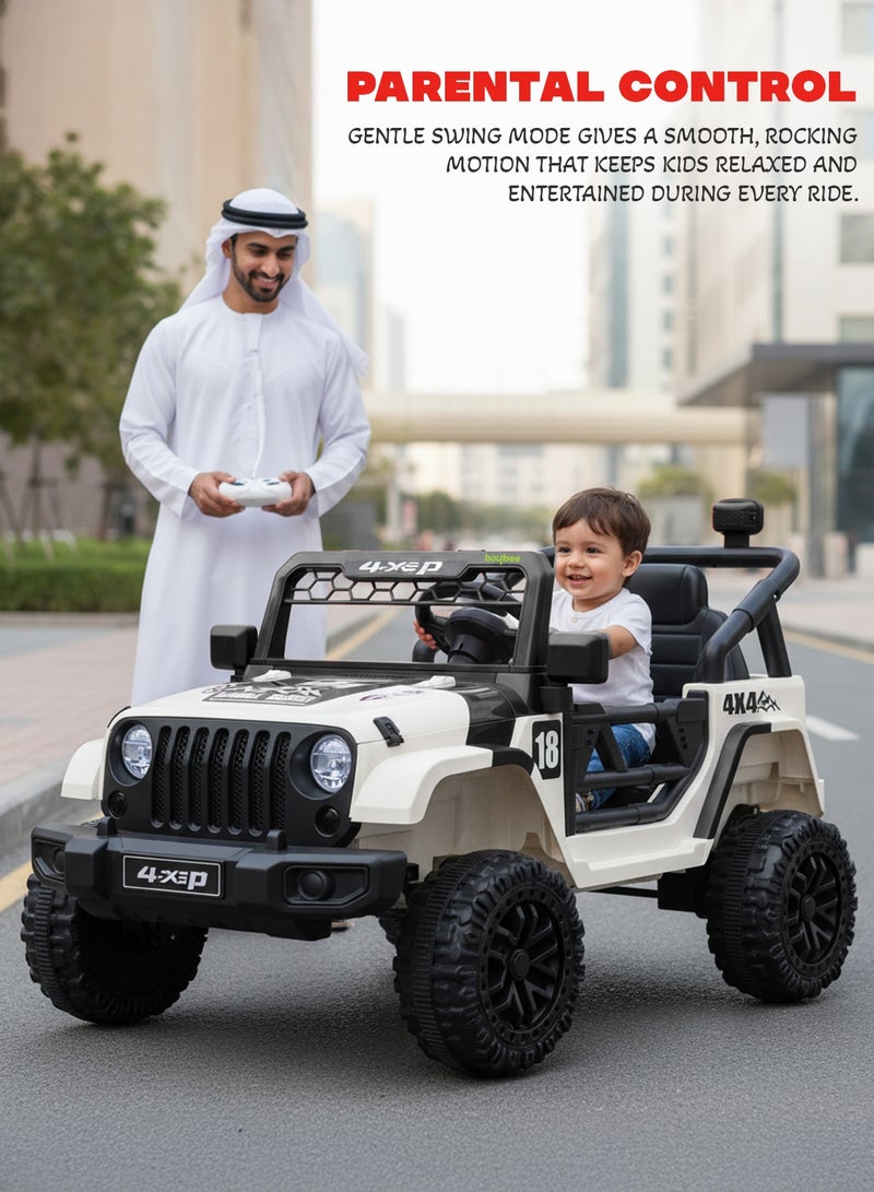 بيبي سيارة جيب تعمل بالبطارية للأطفال، سيارة بطارية قابلة لإعادة الشحن مع موسيقى وإضاءة ليد، سيارة جيب للأطفال، سيارة سباق للأطفال، سيارة كهربائية للأطفال من عمر سنتين إلى خمس سنوات، لون أبيض وأسود - Image 5