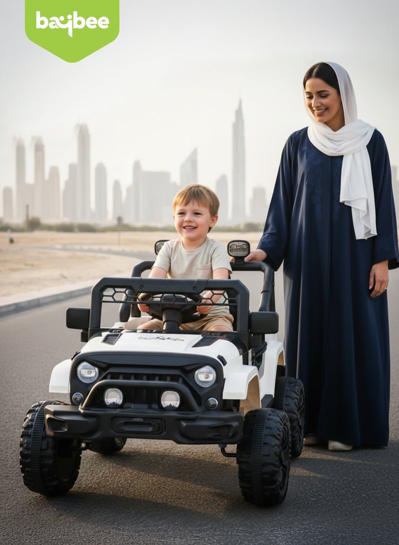 بيبي سيارة جيب تعمل بالبطارية للأطفال، سيارة بطارية قابلة لإعادة الشحن مع موسيقى وإضاءة ليد، سيارة جيب للأطفال، سيارة سباق للأطفال، سيارة كهربائية للأطفال من عمر سنتين إلى خمس سنوات، لون أبيض وأسود - Image 2