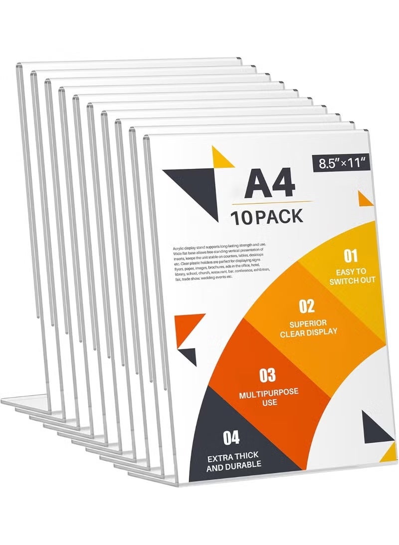EMODA A4 Acrylic Sign Holder 10 Pack – L-Shape Clear Perspex Display Stands for Posters, Menus, Leaflets, Desktop Sign Holders for Office, Shop, Restaurant, Hotel, School, Durable Transparent Organizer - Image 1