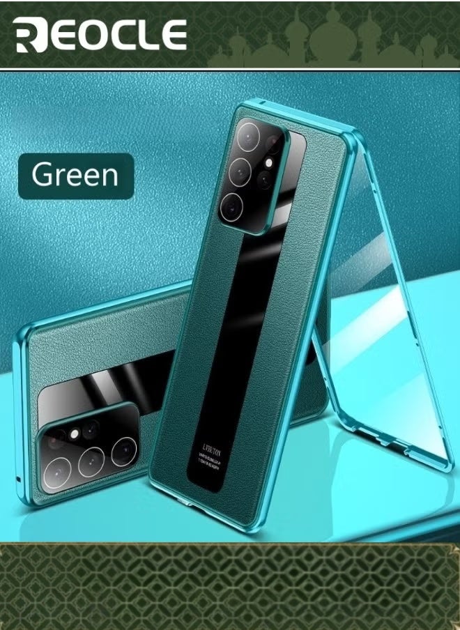 REOCLE Magnetic Case for Samsung Galaxy S22 Ultra Super Magnetic Adsorption Front HD 10H Tempered Glass Leather Back Metal Bumper Frame 360° Full Body Case - Image 1