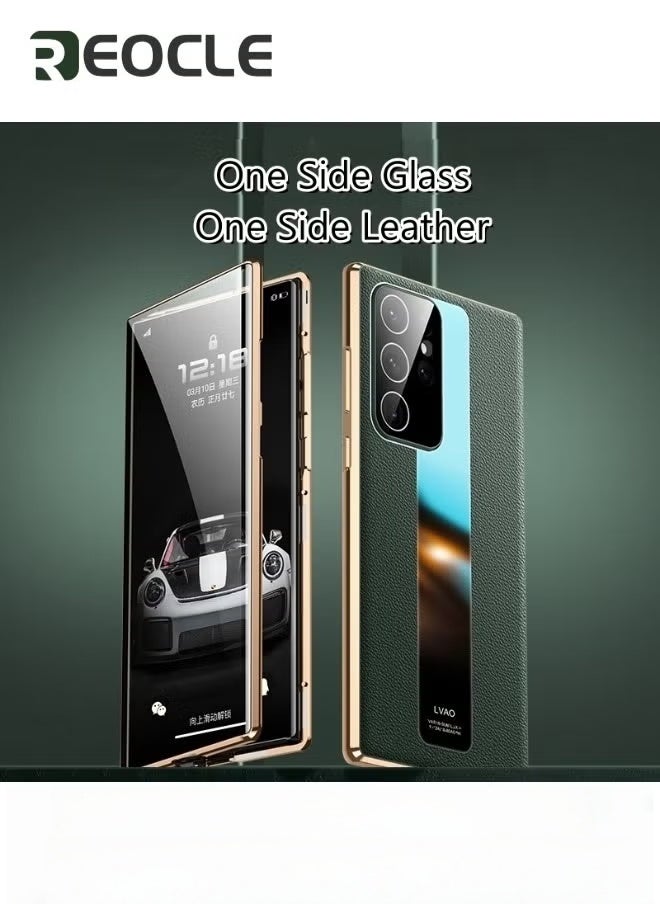 REOCLE Magnetic Case for Samsung Galaxy S22 Ultra Super Magnetic Adsorption Front HD 10H Tempered Glass Leather Back Metal Bumper Frame 360° Full Body Case - Image 2