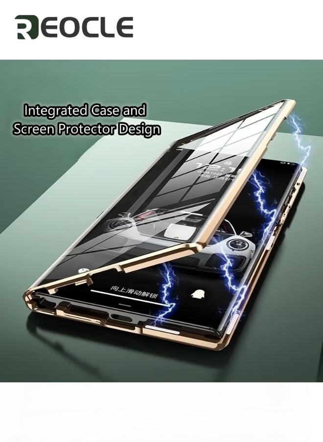 REOCLE Magnetic Case for Samsung Galaxy S22 Ultra Super Magnetic Adsorption Front HD 10H Tempered Glass Leather Back Metal Bumper Frame 360° Full Body Case - Image 4