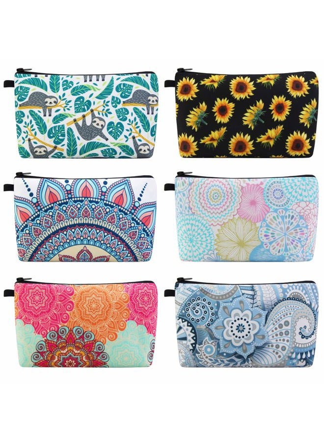 MAGEFY Makeup Bag 6 Styles Portable Travel Cosmetic Bag for Women Flower Patterns Zipper Pouch Sloth Gifts Makeup Pouch with Black Zipper (6 packs) - Image 1