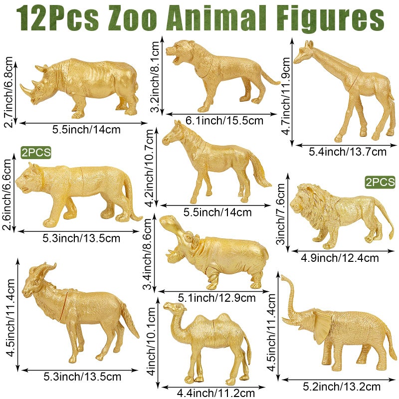 MASTRON Safari Animals Table Centerpieces - 6 Set of Jungle Animals Decorations Includes 12 Safari Zoo Animal Figures 6 Wood Slices 18 Tropical Palm Leaves for Baby Shower Birthday (Gold Animals) - Image 2