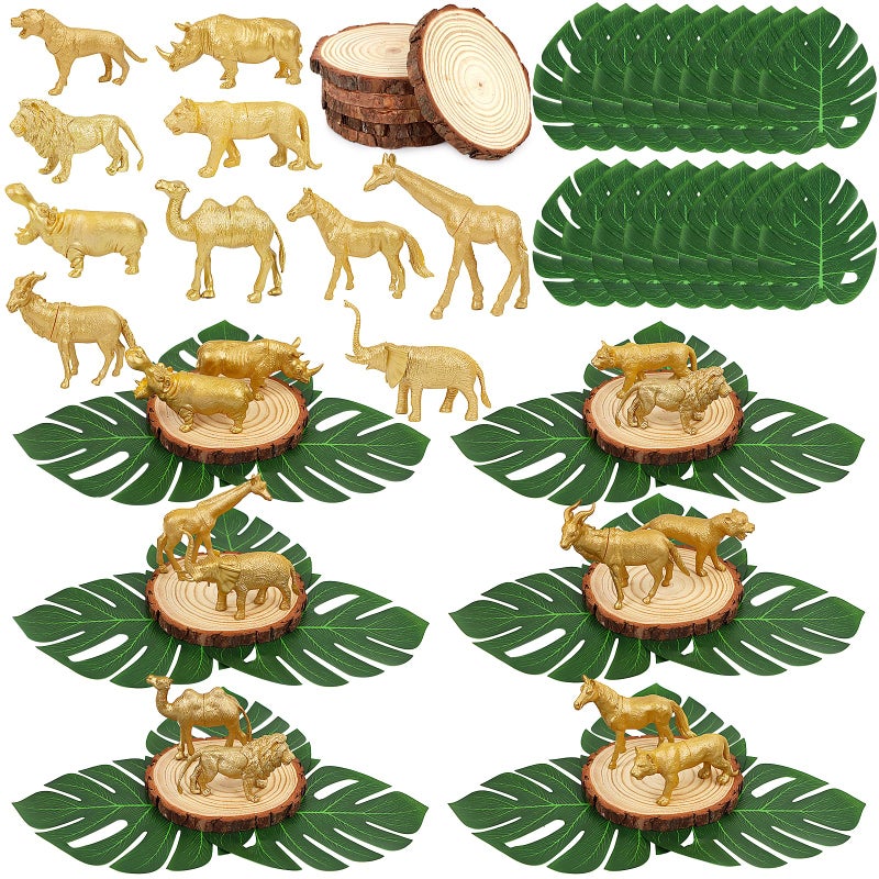 MASTRON Safari Animals Table Centerpieces - 6 Set of Jungle Animals Decorations Includes 12 Safari Zoo Animal Figures 6 Wood Slices 18 Tropical Palm Leaves for Baby Shower Birthday (Gold Animals) - Image 1