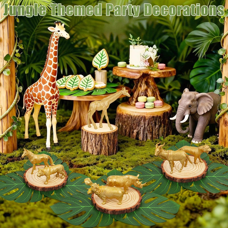 MASTRON Safari Animals Table Centerpieces - 6 Set of Jungle Animals Decorations Includes 12 Safari Zoo Animal Figures 6 Wood Slices 18 Tropical Palm Leaves for Baby Shower Birthday (Gold Animals) - Image 4