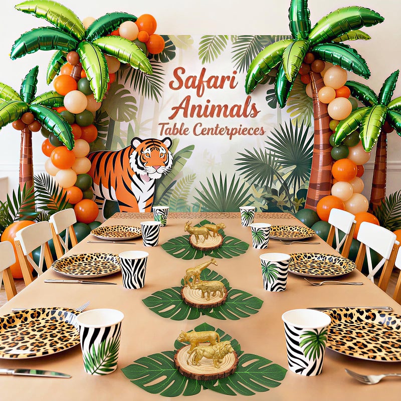 MASTRON Safari Animals Table Centerpieces - 6 Set of Jungle Animals Decorations Includes 12 Safari Zoo Animal Figures 6 Wood Slices 18 Tropical Palm Leaves for Baby Shower Birthday (Gold Animals) - Image 5