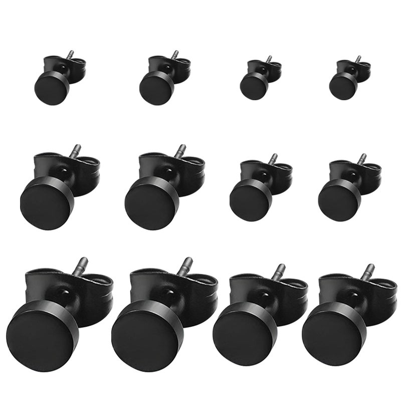 6 Pair Surgical Steel Oblate Ear Piercing Earrings Stud with Size 3mm 4mm 5mm 6mm 7mm 8mm for Men Ear Jewelry Decoration (Black) - Image 1