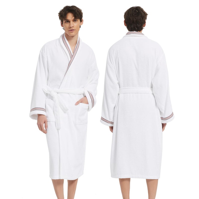 UTJZIB Men's Robe,Pure Cotton Robe for Men,Absorbent Bathrobe,Luxurious Terry Cloth Bathrobe with Shawl Collar (US, Alpha, Small, Medium, Regular, Regular, Embroidered White) - Image 2
