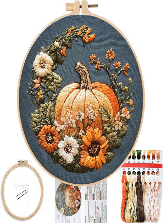 FONNUY Pumpkin Embroidery Kit for Beginners, Pre-Stamped Pattern Kits for Adults with Hoop, Easy to Follow Color Thread Needlework, 8'' Hoop (Yellow) - Image 1