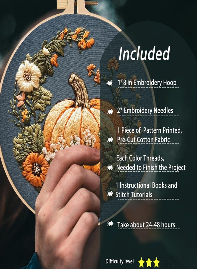 FONNUY Pumpkin Embroidery Kit for Beginners, Pre-Stamped Pattern Kits for Adults with Hoop, Easy to Follow Color Thread Needlework, 8'' Hoop (Yellow) - Image 3
