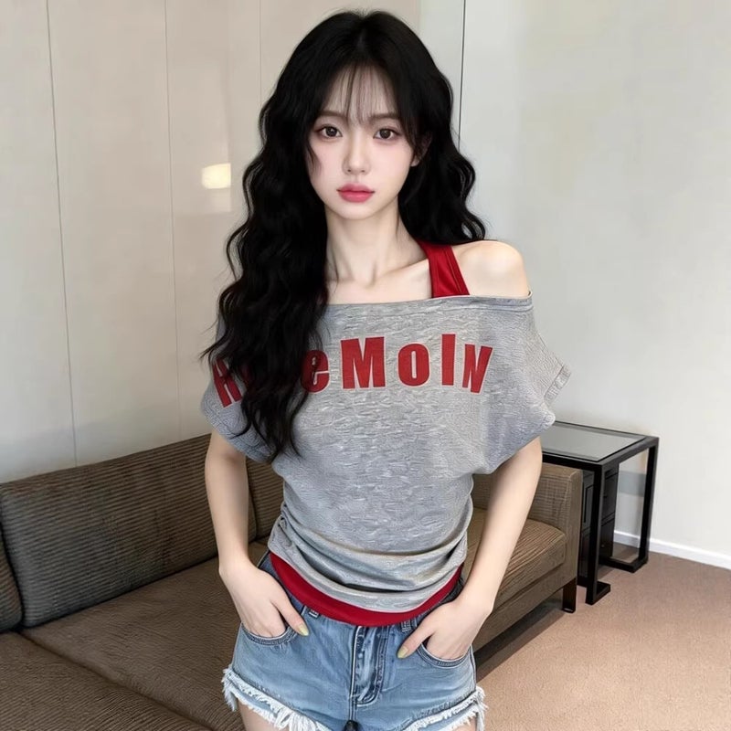 Grey Off-Shoulder Short-Sleeve T-Shirt for Women with Letter Print - Image 1