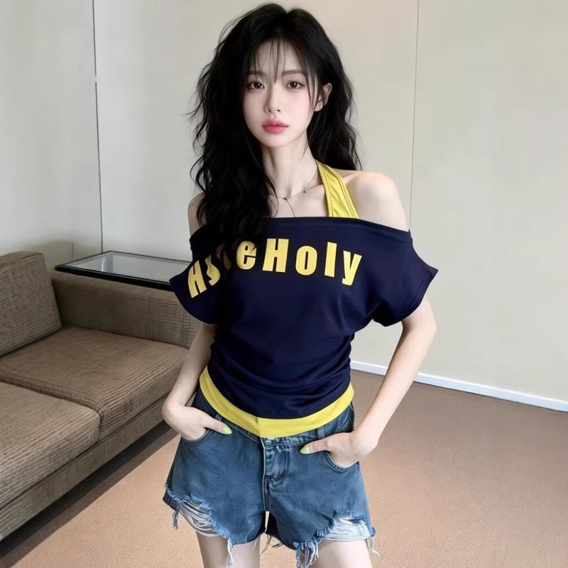 Grey Off-Shoulder Short-Sleeve T-Shirt for Women with Letter Print - Image 2