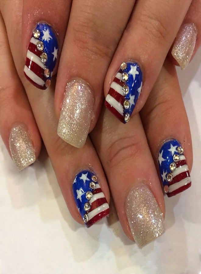 KTAABTR Special Independence Day Nails Press on Nails Short Square Fake Nails with Glue Glitter Glossy Acrylic Nails Design Red Blue White Stripes Gems Star Stick on Nails for Women DIY Manicure - Image 1
