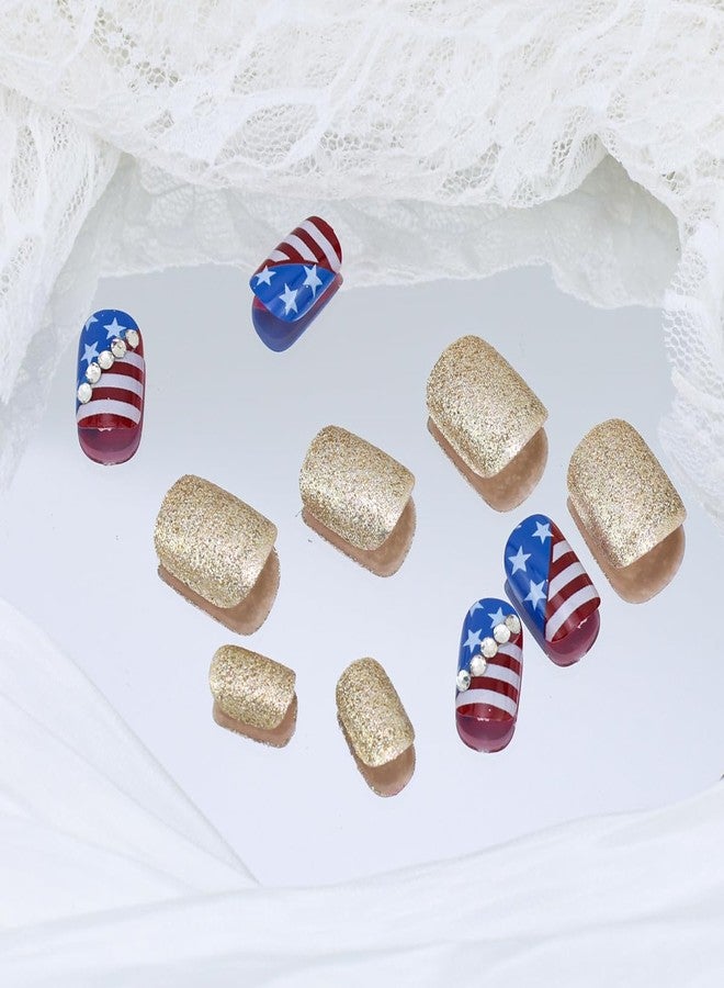 KTAABTR Special Independence Day Nails Press on Nails Short Square Fake Nails with Glue Glitter Glossy Acrylic Nails Design Red Blue White Stripes Gems Star Stick on Nails for Women DIY Manicure - Image 4