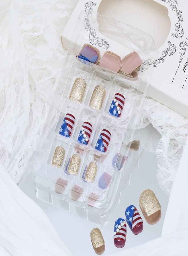KTAABTR Special Independence Day Nails Press on Nails Short Square Fake Nails with Glue Glitter Glossy Acrylic Nails Design Red Blue White Stripes Gems Star Stick on Nails for Women DIY Manicure - Image 3