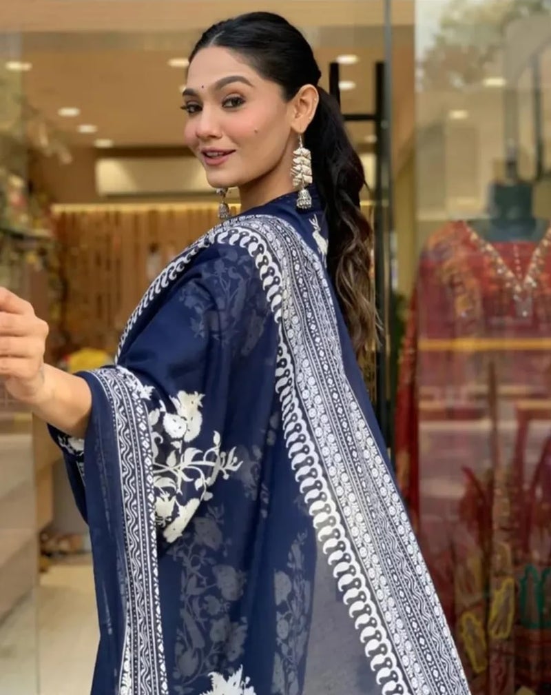 Toochki Kurti Set for Women | Anarkali Fit & Flared Kurtas for Women's | Cotton Kurtis for Woman | Kurta with Palazzo & Dupatta | Ethnic Salwar Suits Sets Navy Blue - Image 5