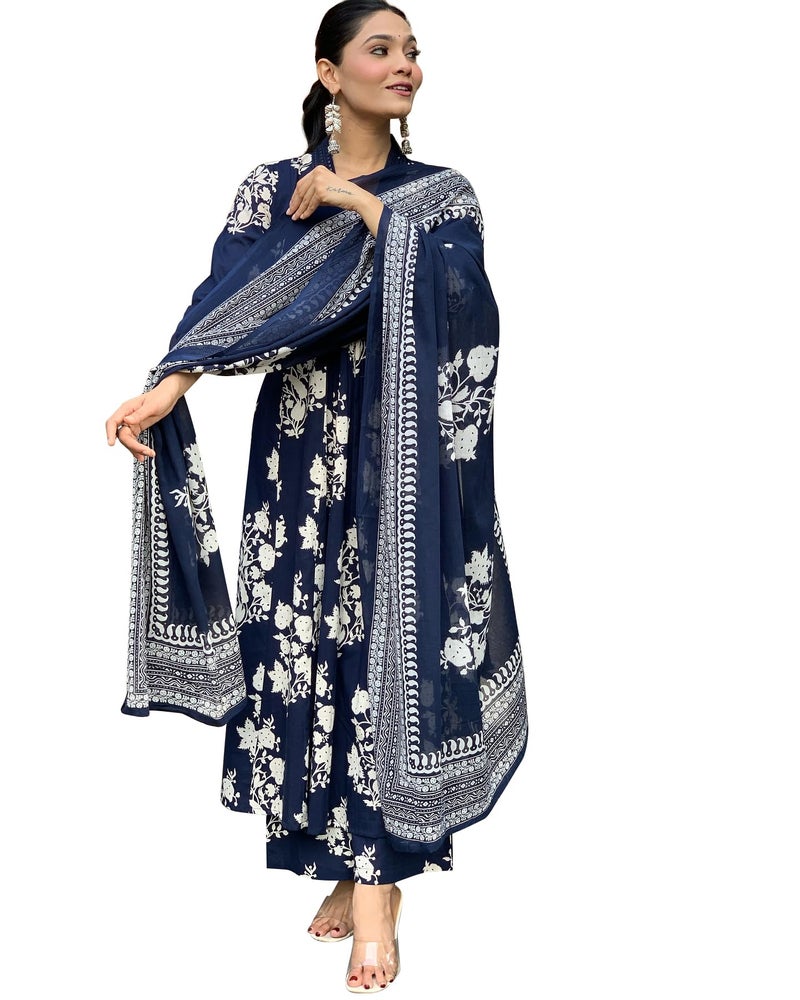 Toochki Kurti Set for Women | Anarkali Fit & Flared Kurtas for Women's | Cotton Kurtis for Woman | Kurta with Palazzo & Dupatta | Ethnic Salwar Suits Sets Navy Blue - Image 1