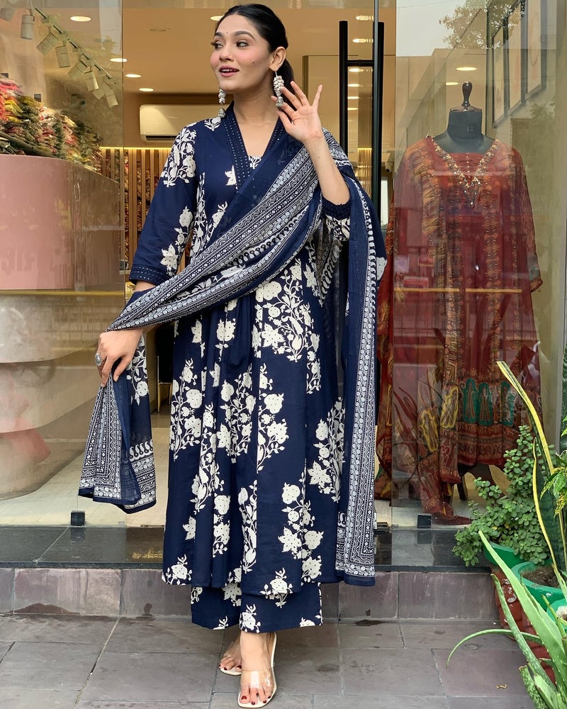 Toochki Kurti Set for Women | Anarkali Fit & Flared Kurtas for Women's | Cotton Kurtis for Woman | Kurta with Palazzo & Dupatta | Ethnic Salwar Suits Sets Navy Blue - Image 2