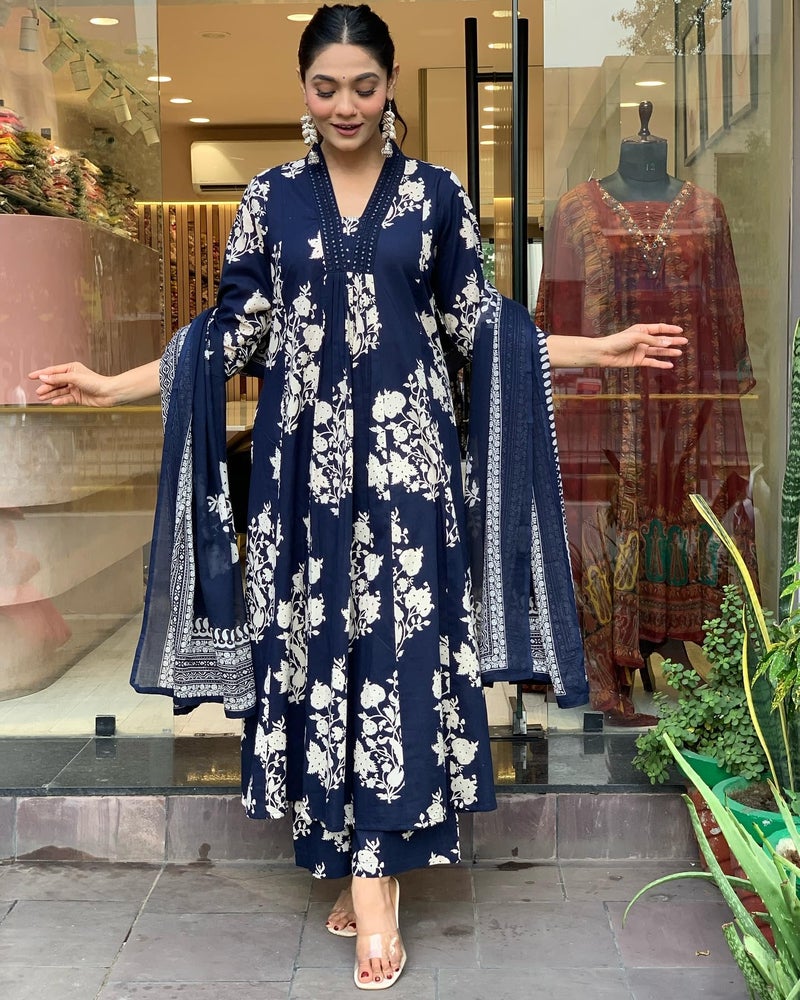 Toochki Kurti Set for Women | Anarkali Fit & Flared Kurtas for Women's | Cotton Kurtis for Woman | Kurta with Palazzo & Dupatta | Ethnic Salwar Suits Sets Navy Blue - Image 4